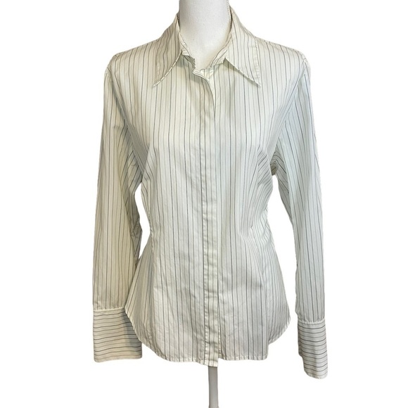 Ellen Tracy Green/Blue Striped Cotton Button Down Poplin French Cuff Shirt. 16 - Picture 1 of 12